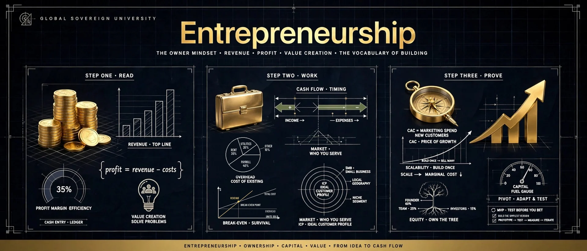 Entrepreneurship at Global Sovereign University: revenue and profit, profit margin, value creation, overhead, cash flow timing, break-even, knowing your market, customer acquisition cost, scalability, equity and the minimum viable product, drawn in gold on a dark blueprint.