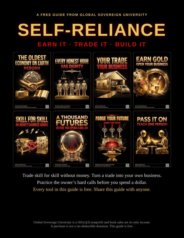 Cover of Self-Reliance, a free guide from Global Sovereign University: Earn it, trade it, build it