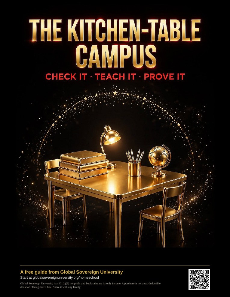 Cover of The Kitchen-Table Campus, a free homeschool guide from Global Sovereign University: Check it, teach it, prove it