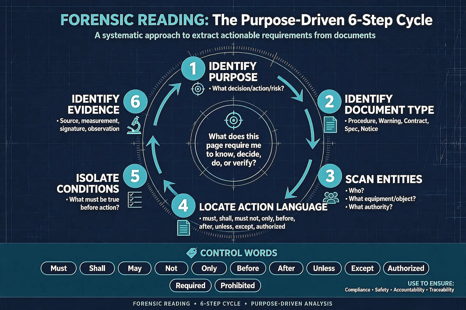 Forensic Reading, the purpose-driven six-step cycle: identify purpose, identify document type, scan entities, locate action language, isolate conditions, identify evidence