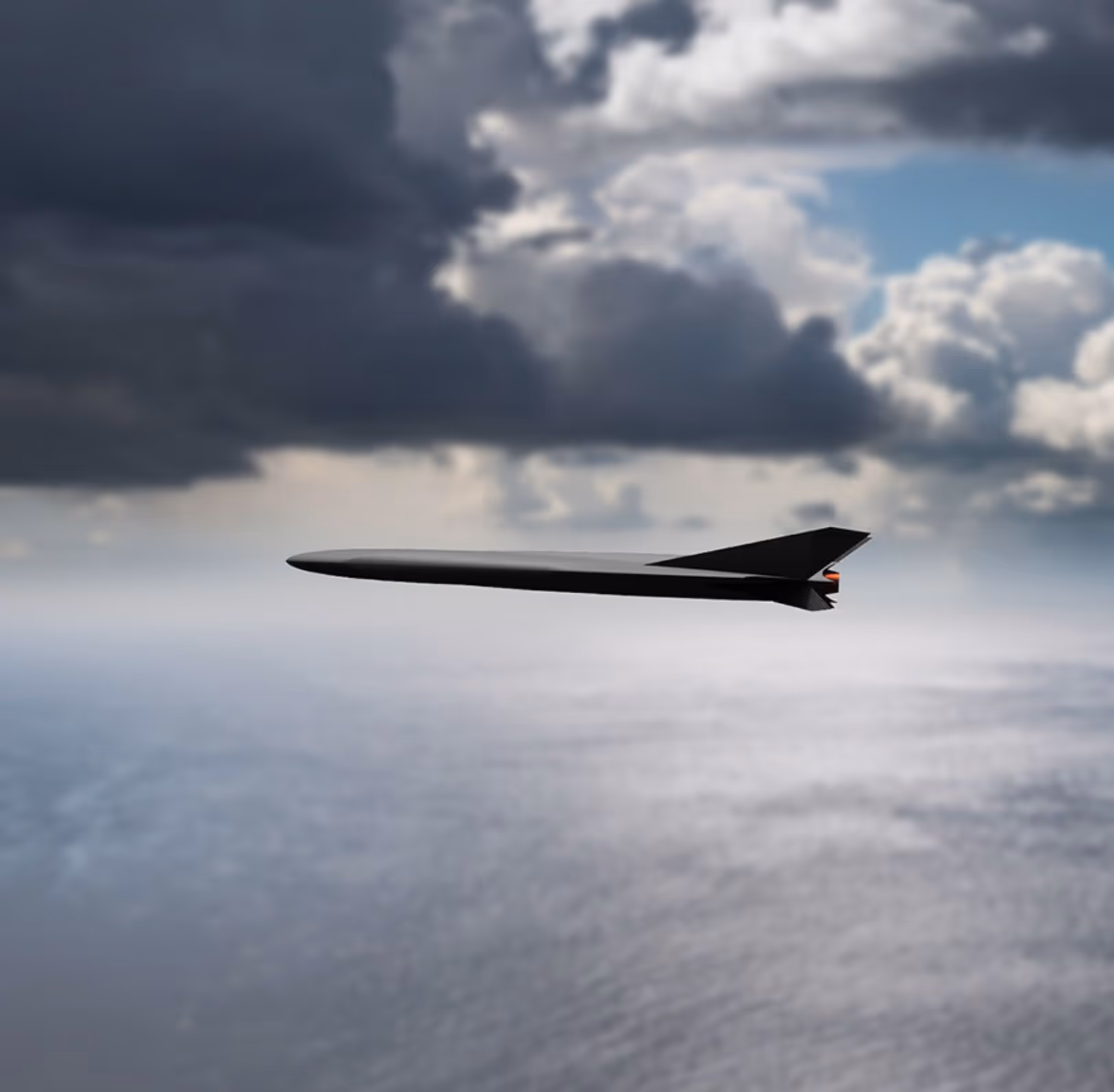 Black sleek hypersonic UAV Tracer flying above the ocean under cloudy skies.