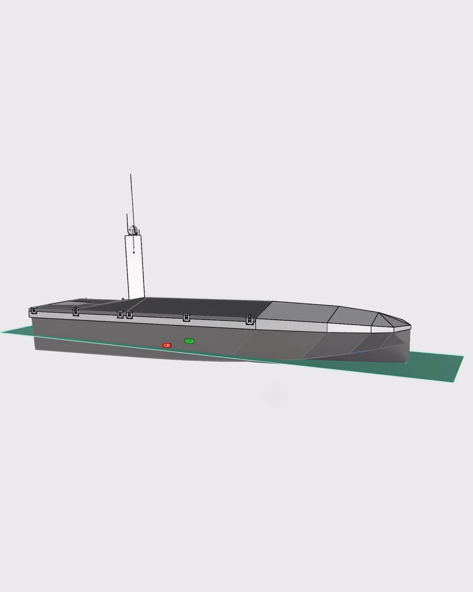 3D model of a grey ARROW USV hull with a rectangular tower and green and red markers labeled CF and CB.