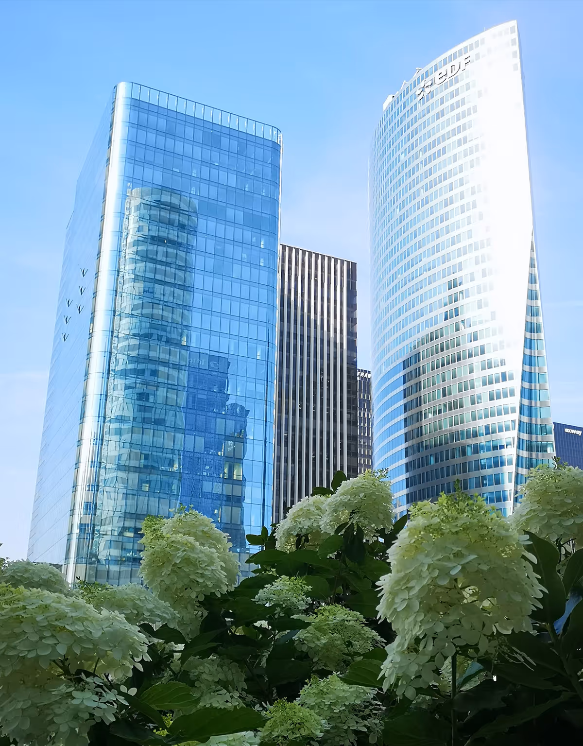 Immeubles de bureaux contemporains avec façade vitrée et décor végétal — cadre professionnel pour sièges de grandes entreprises, missions stratégiques et recrutement de cadres dirigeants.