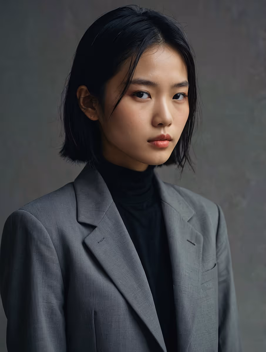 Jeune cadre dirigeante au regard confiant, vêtue d’un blazer gris et col roulé noir sur fond sombre — professionnelle du management et de la stratégie, experte en finance et IT, prête à intégrer des missions de leadership dans de grandes entreprises.