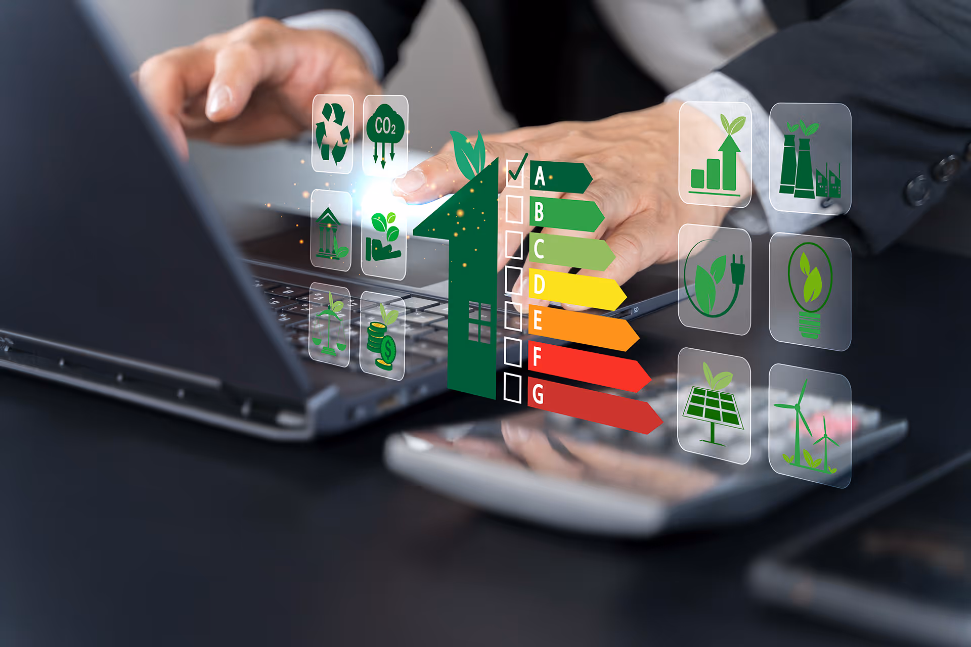 Pessoa a usar computador portátil com gráficos digitais exibindo uma etiqueta de eficiência energética em forma de casa e ícones verdes relacionados a sustentabilidade.