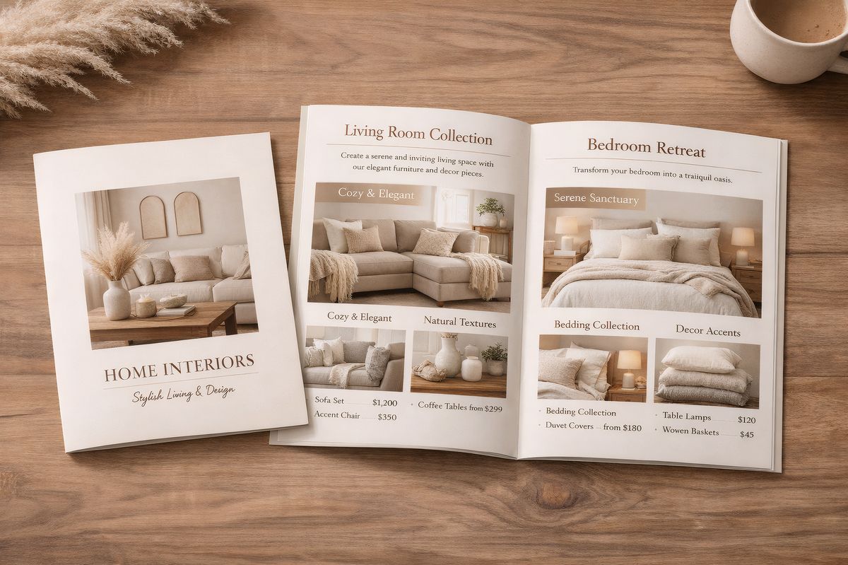 Booklet and a catalog on a wooden table.