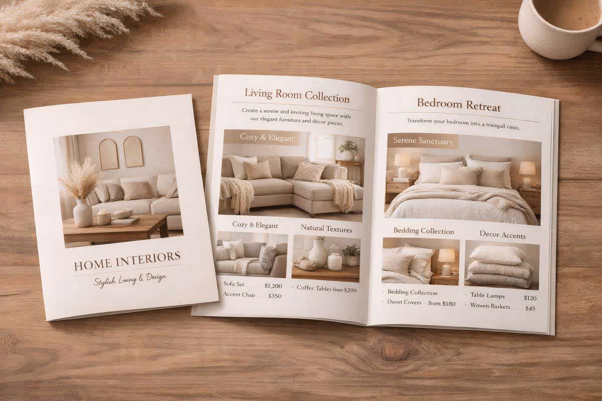 Booklet and a catalog on a wooden table.