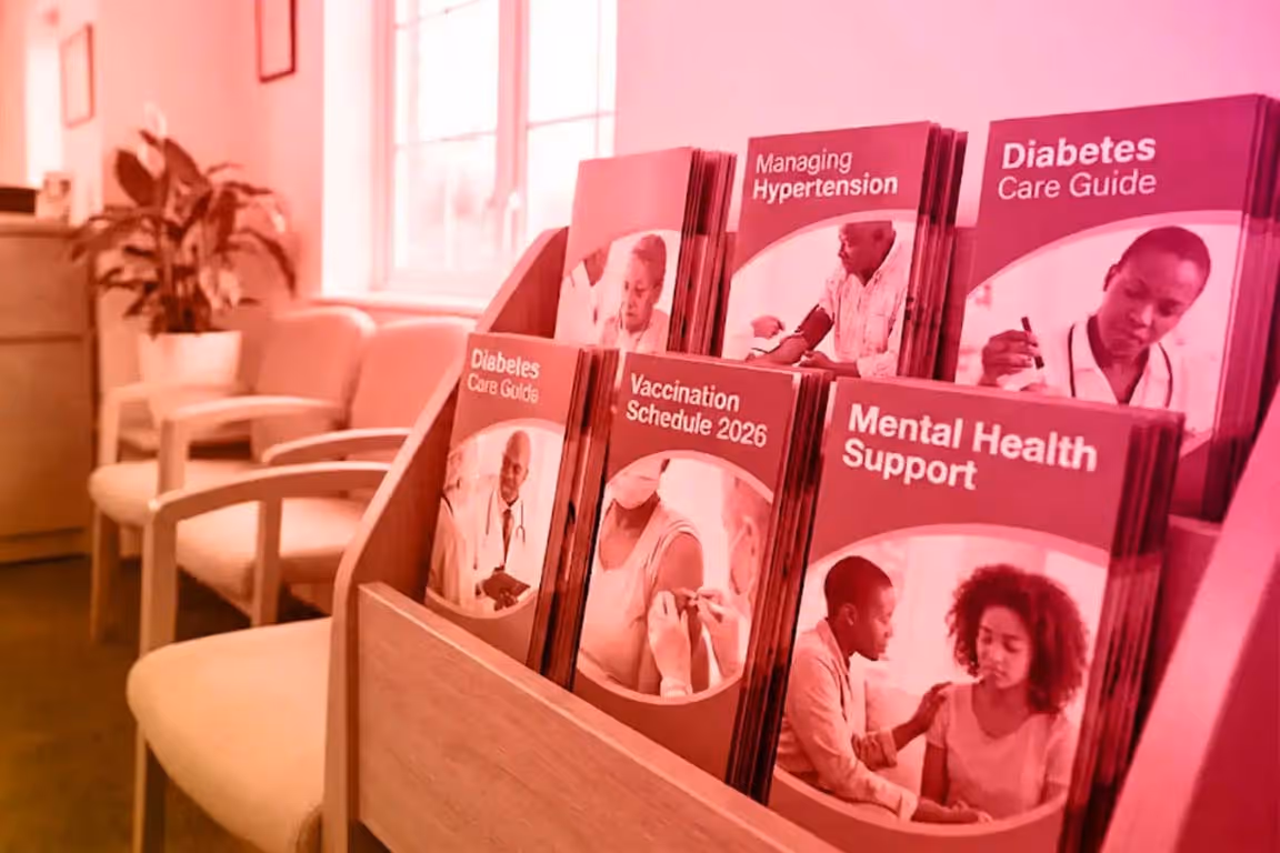 Medical brochure examples displayed in a rack situated in a waiting room