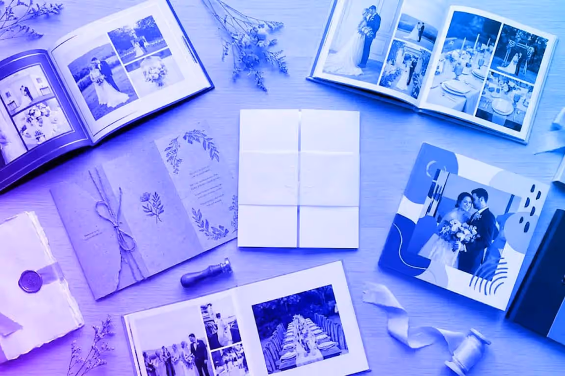 Different examples of wedding brochures lying on a table