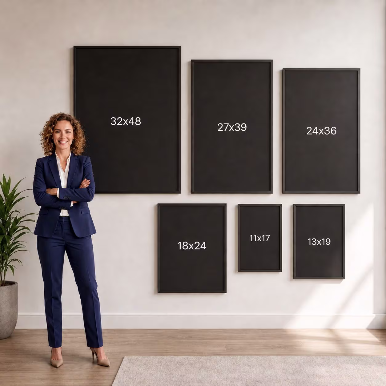 Woman showcasing poster sizes