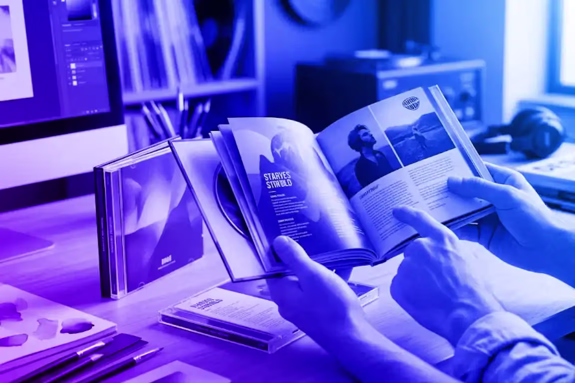 Person reading a CD insert in front of PC