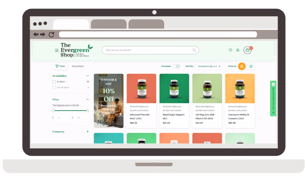 Online store page of dietary supplements from KP Nutritionals LLC with filter options and special discount offer.