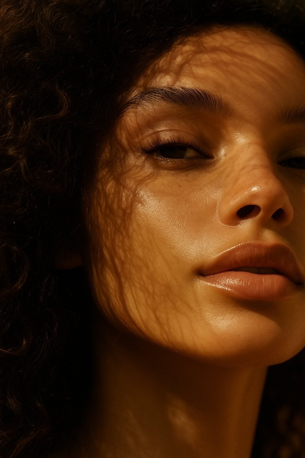 Close-up of a woman's face with curly hair and warm sunlight casting intricate shadows on her skin.