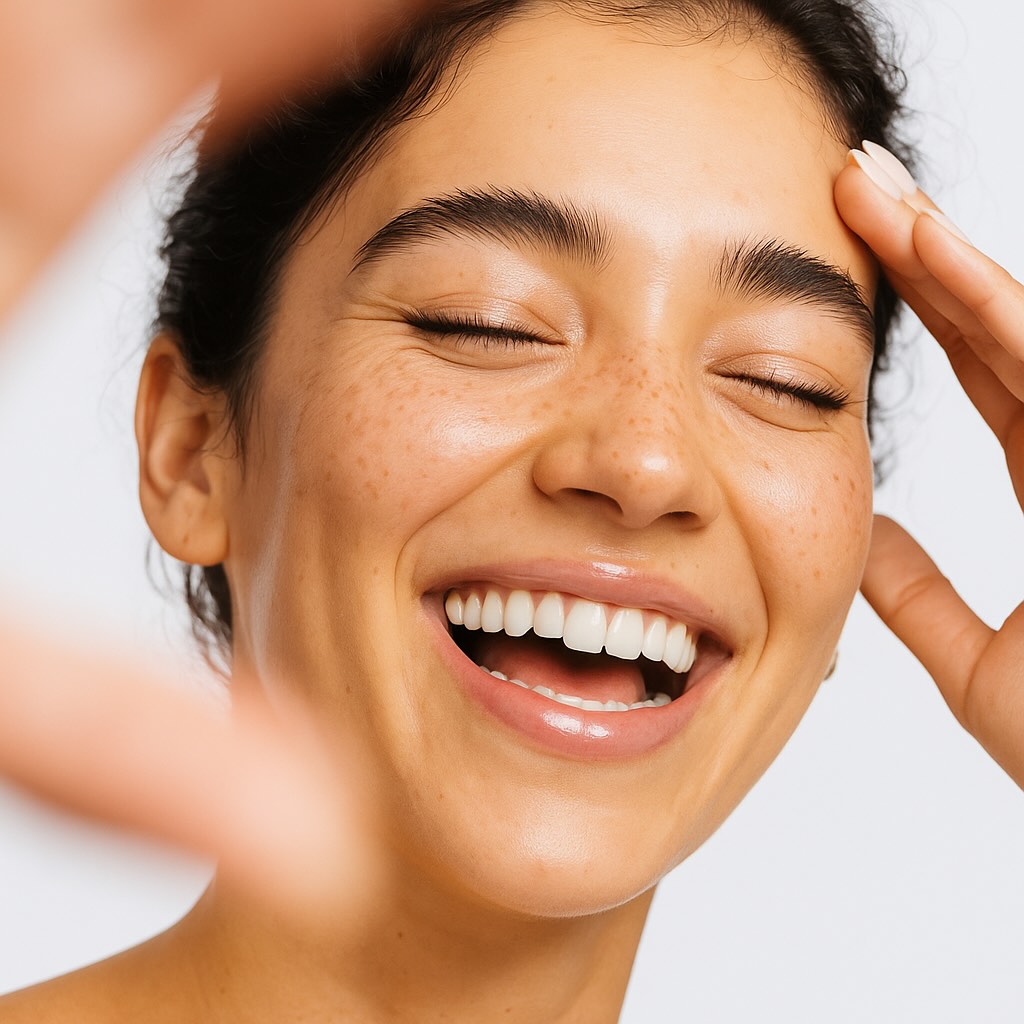 Close-up of a woman with closed eyes laughing and touching her forehead, showing bright teeth and natural freckles.