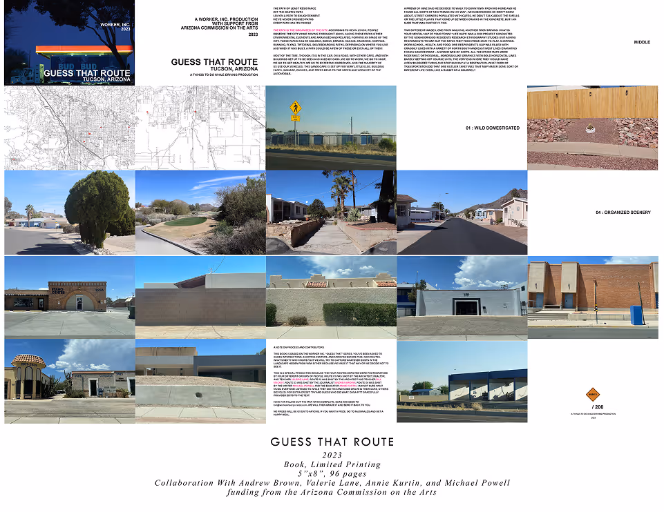 Collage of maps, street scenes, signage, and architecture from Tucson, Arizona, featuring text about the 'Guess That Route' 2023 book project with scenic suburban and commercial views.