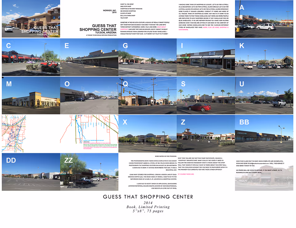 Collage titled 'Guess That Shopping Center Tucson, Arizona' featuring multiple photos of various shopping centers, street views, and maps, with text describing the project and notes on shopping centers.