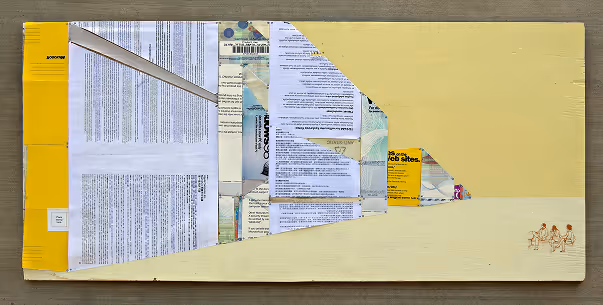 Wooden board with an art collage of yellow sections and layered paper documents, featuring a small illustration of three people sitting in the bottom right corner.