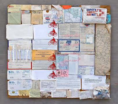 Collection of vintage travel documents, maps, letters, and a safety first aid kit arranged neatly on a wooden surface.