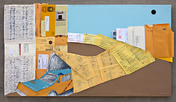 Mixed media artwork of a racecar made from paper documents and notes on a blue and brown background.