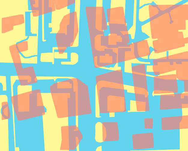 Abstract geometric composition with overlapping shapes in pastel yellow, blue, and pinkish-orange.