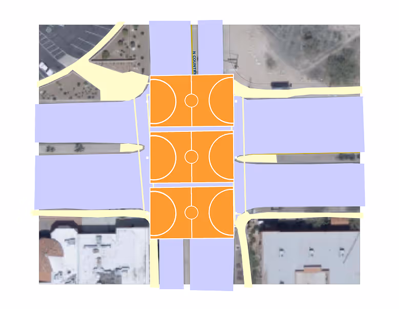 Aerial map showing three adjacent orange basketball courts arranged vertically at the center, surrounded by light purple building structures and yellow roads.