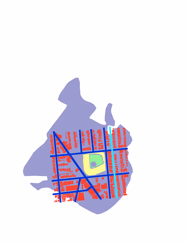 Simplified map showing a baseball field in green and yellow at the center with surrounding streets in blue and red blocks representing buildings or areas.
