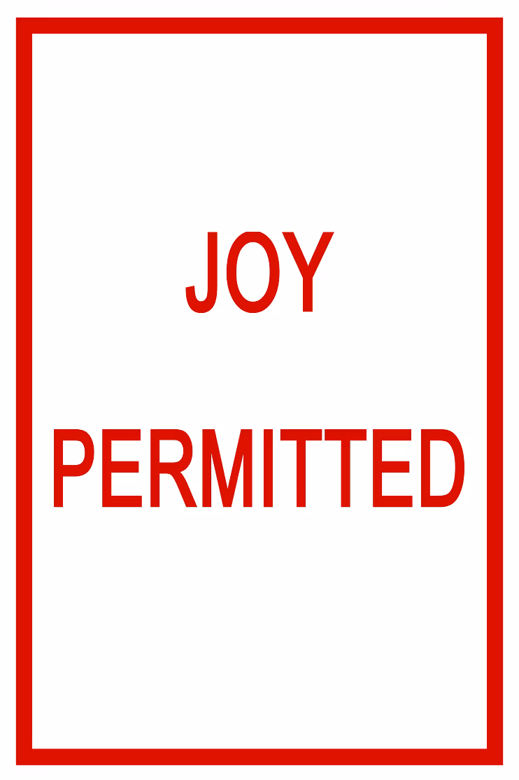 White sign with red border and text reading 'JOY PERMITTED' in red letters.