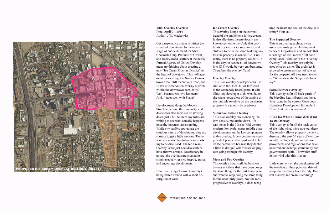 Map showing the proposed Ice Cream Overlay District in downtown with highlighted streets including Stone, 6th Ave, Congress, and Broadway, alongside detailed text describing various overlay types and their purposes.