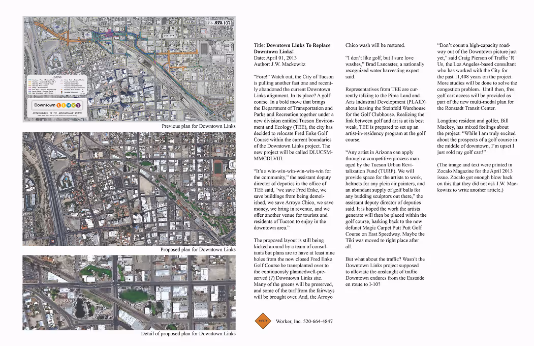 Three aerial maps showing a previous, proposed, and detailed plan for Downtown Links in Tucson, alongside an article discussing the city's plan to replace the Downtown Links golf course with new urban development and green spaces.