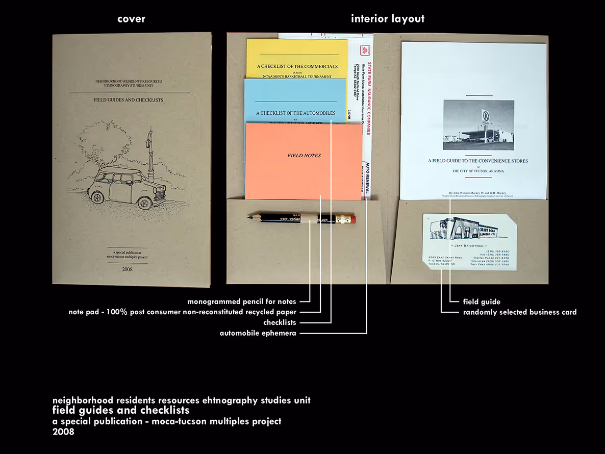 Open field guide kit with labeled cover, monogrammed pencil, recycled paper note pad, checklists, automobile ephemera, field guide, and a business card arranged on a black background.