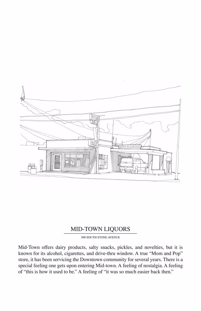 Pencil sketch of Mid-Town Liquors, a small store with a drive-thru window and cars parked, accompanied by text describing its nostalgic, community-focused service including dairy, snacks, alcohol, and cigarettes.