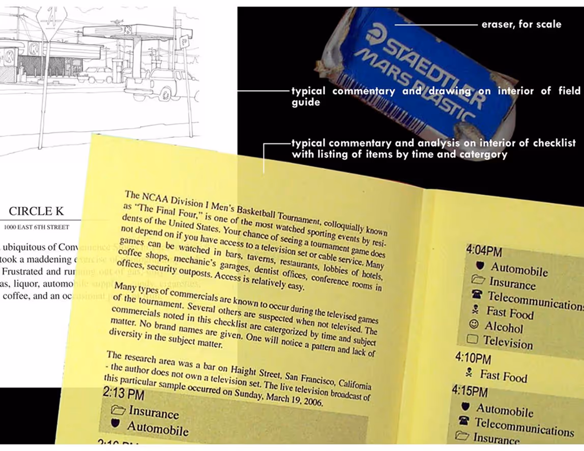 Annotated close-up of a field guide and checklist interior showing a Staedtler Mars Plastic eraser for scale, with typical commentary and analysis text about NCAA basketball commercials and a timeline listing insurance, automobile, fast food, alcohol, and television categories.