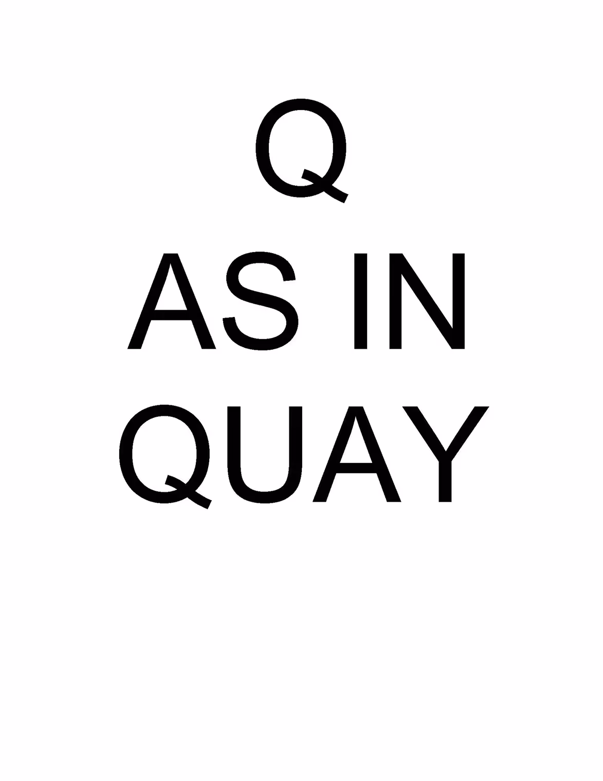 The letter Q with the phrase 'AS IN QUAY' beneath it.