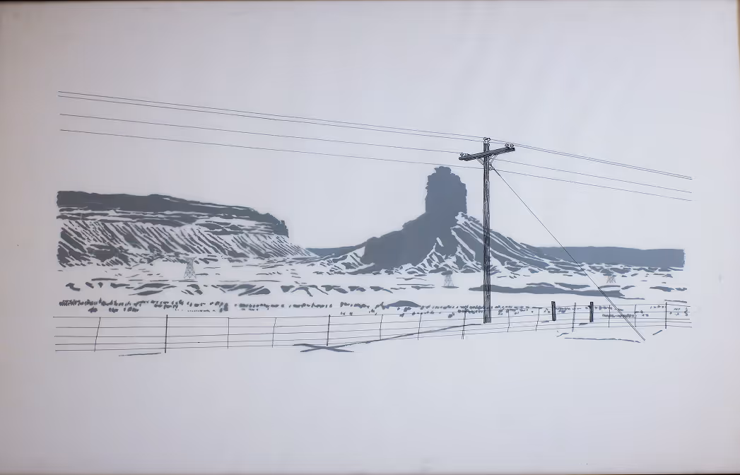 Illustration of a desert landscape featuring a distinctive rock formation, a utility pole, fence lines, and power lines stretching across the scene.