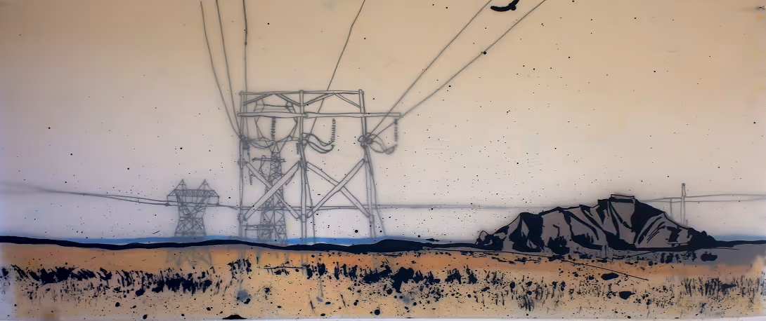 Artistic image of multiple power lines and towers stretching over a dry, sparse landscape with rocky hills under a pale sky.