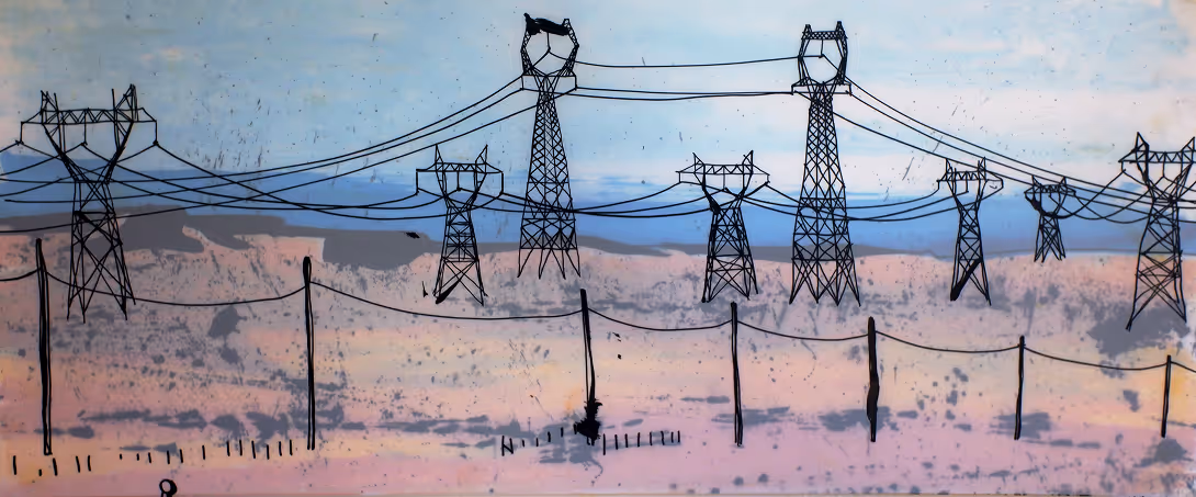 Illustration of multiple high-voltage power line towers against a pastel sky background.