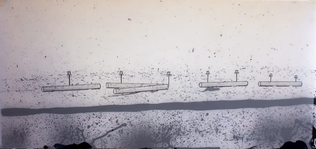 Diagram of five suspended pipes aligned horizontally with rotating nozzles spraying particles downward, illustrating particle dispersion patterns on a speckled background.