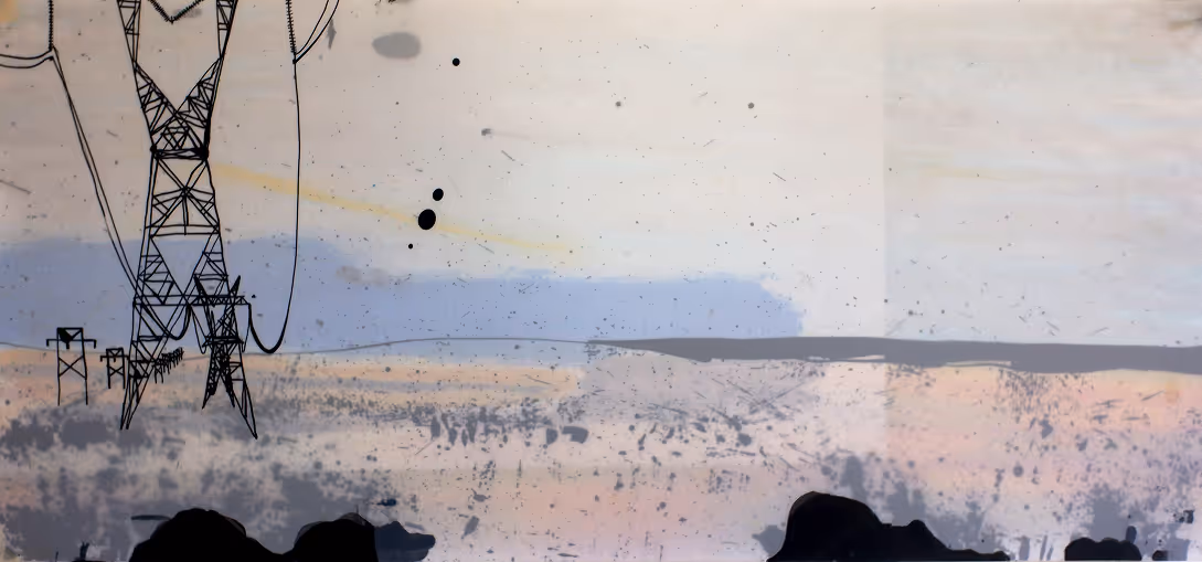 Illustration of large electrical power transmission towers and lines over a textured, abstract background with muted tones.