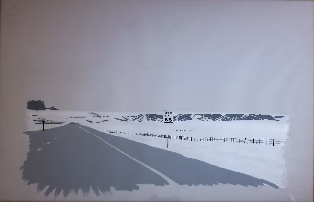 Illustration of a road stretching into a snowy landscape with a 65 mph speed limit sign and mountains in the background.