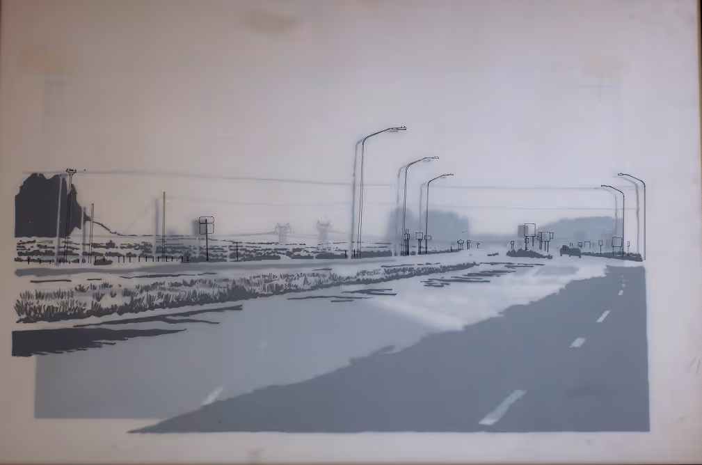 Minimalist artwork of a road with streetlights and roadside signs extending into the distance under a pale sky.