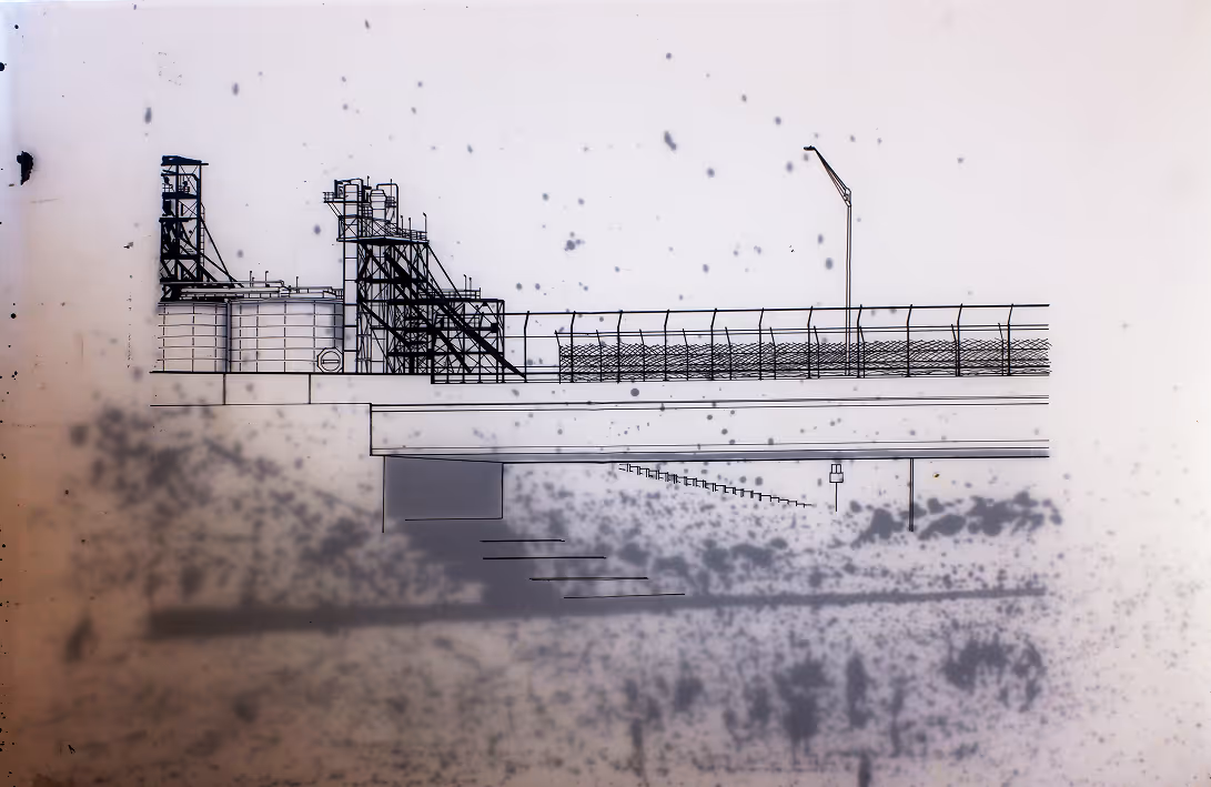 Outline drawing of a bridge structure with stairs, fencing, and a streetlamp on a light background with black speckles.