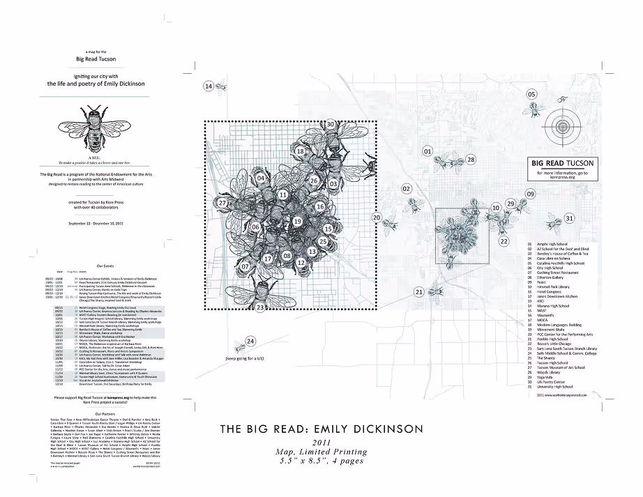 Map of Big Read Tucson featuring locations related to Emily Dickinson, with illustrated bees marking key spots and a list of numbered sites and events from September to December 2011.