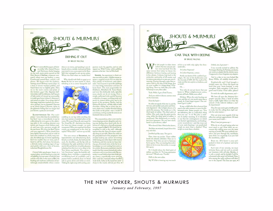 Two-page spread from The New Yorker magazine titled 'Shouts & Murmurs' featuring illustrated caricatures of people whispering and colorful editorial cartoons from January and February 1997.