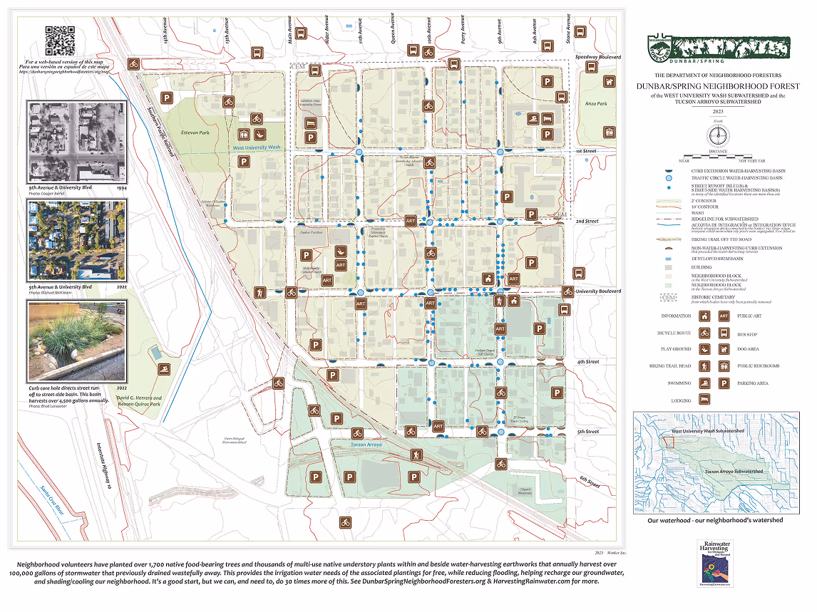 Map of Dunbar/Spring Neighborhood Forest showing parks, trails, bicycle routes, art locations, parking, and water-harvesting basins with historic and aerial photos on the side.