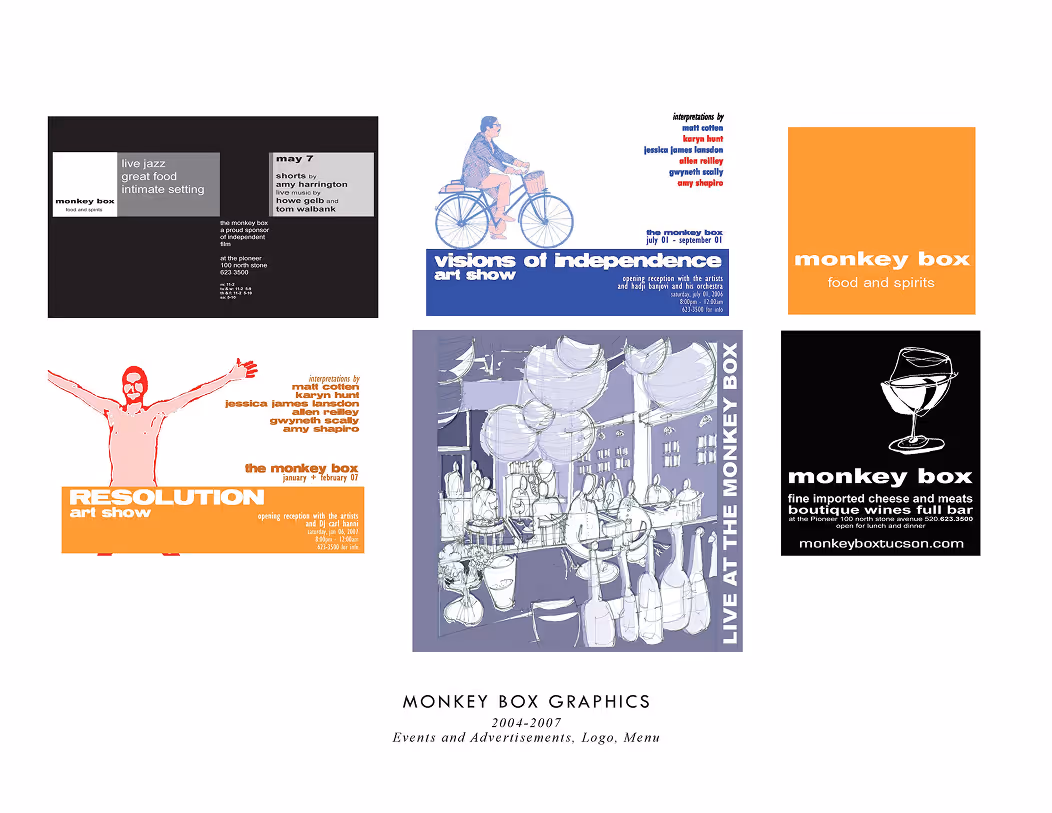Collage of Monkey Box graphics from 2004-2007 including event posters for art shows, a sketch of a bar scene, and logo designs in various colors and styles.