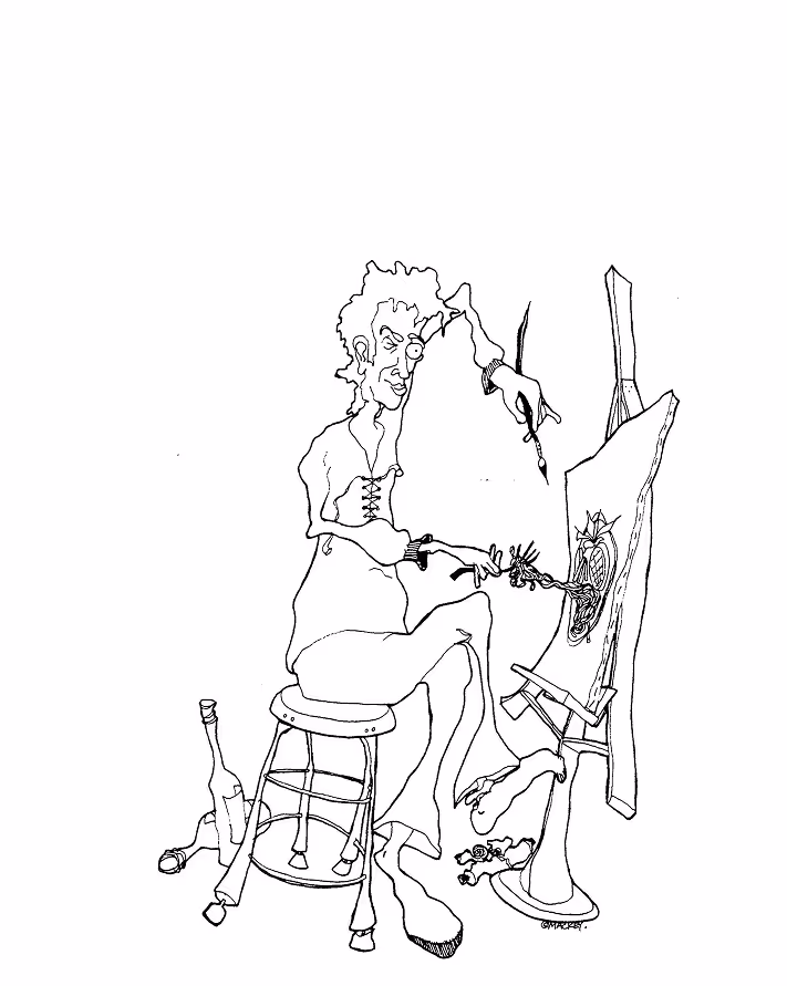 Black and white line drawing of a seated artist with exaggerated limbs painting on a canvas while holding a paintbrush in one hand and a palette in the other, with bottles on the floor.