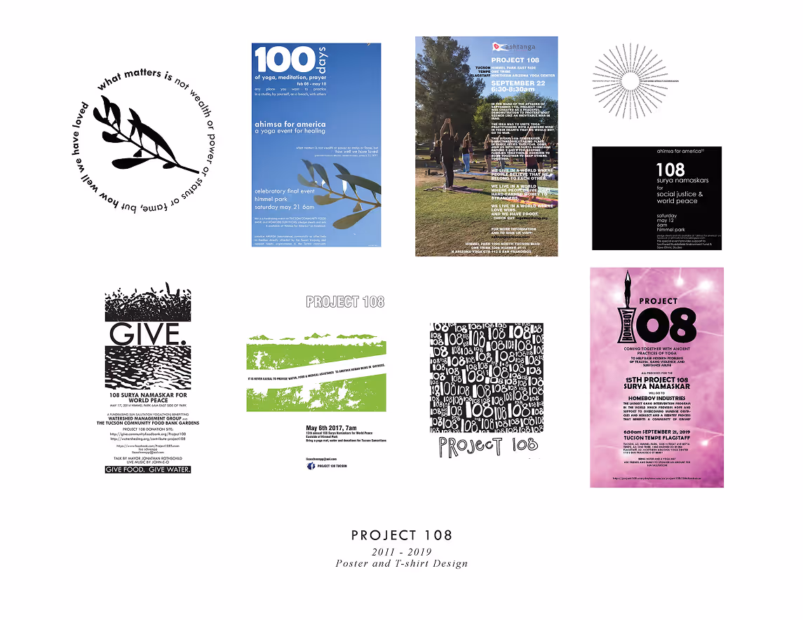 A collage of various Project 108 poster and T-shirt designs from 2011 to 2019 promoting yoga, meditation, social justice, and world peace events.
