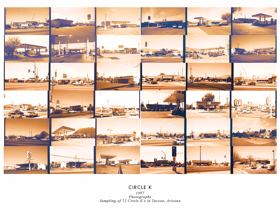 Collage of 30 sepia-toned photographs showing different Circle K gas stations in Tucson, Arizona, with text below reading 'CIRCLE K 1997 Photographs Sampling of 72 Circle K's in Tucson, Arizona.'