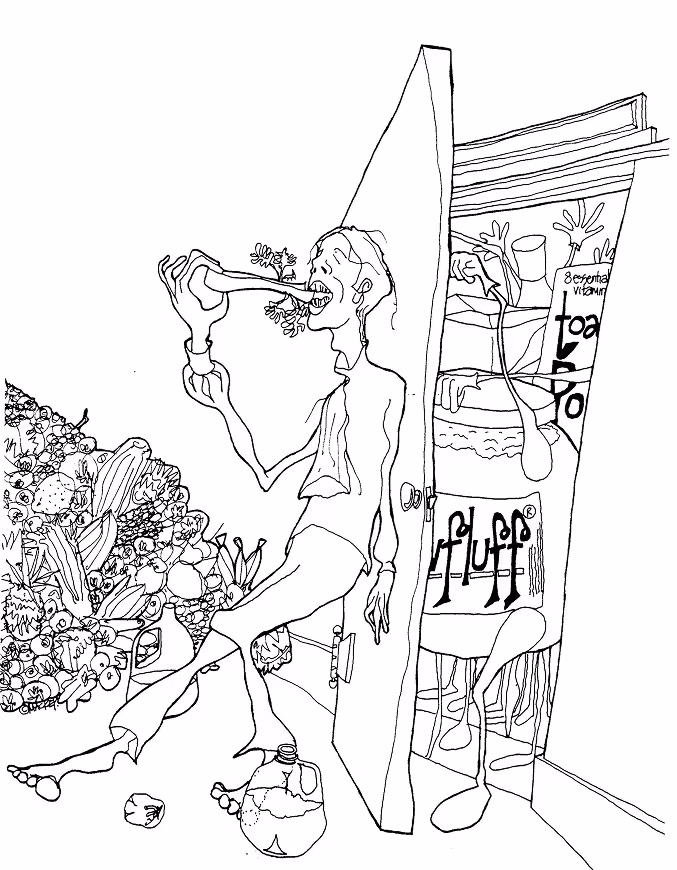 Abstract line drawing of a thin person sitting on the floor with an open refrigerator behind, holding a pouring bottle with flowers coming out of it into their mouth, and surrounded by scattered fruits and a container.