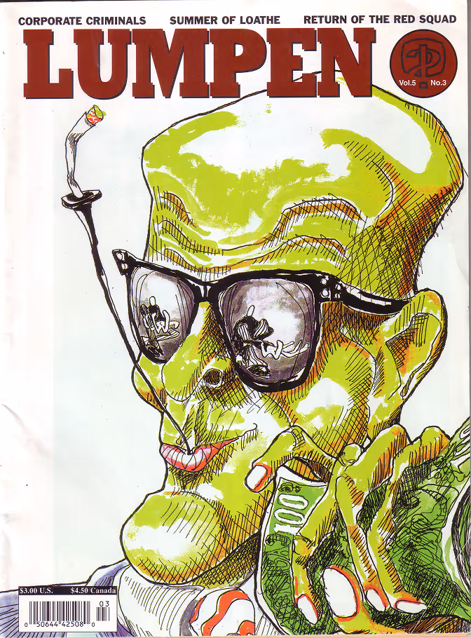 Cartoon of a green-faced person wearing black sunglasses with lit cigarette holder in mouth and holding a rolled 100 dollar bill.